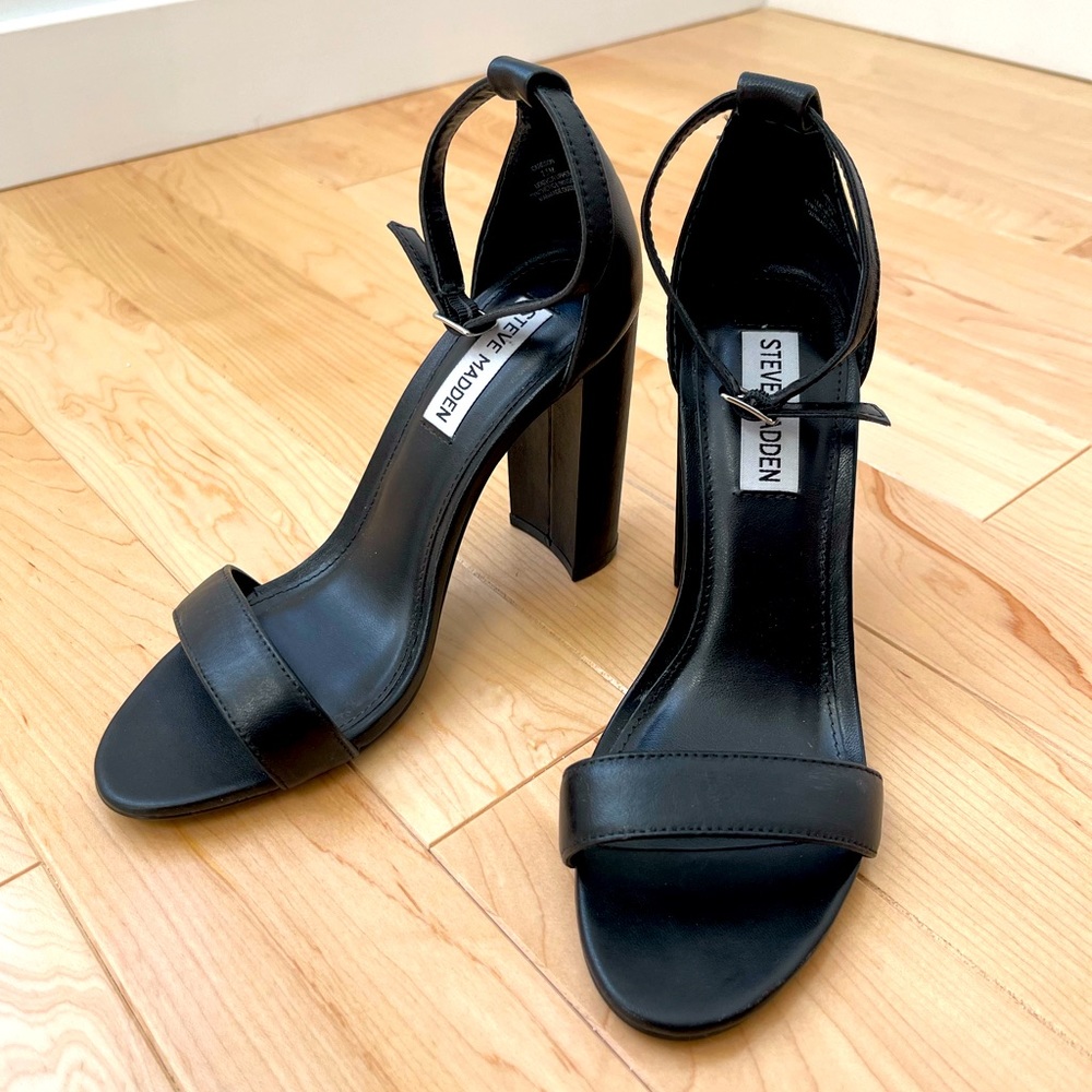 LIKE NEW Steve Madden Carson Black Leather Ankle Block Strappy Heels Size 7.5